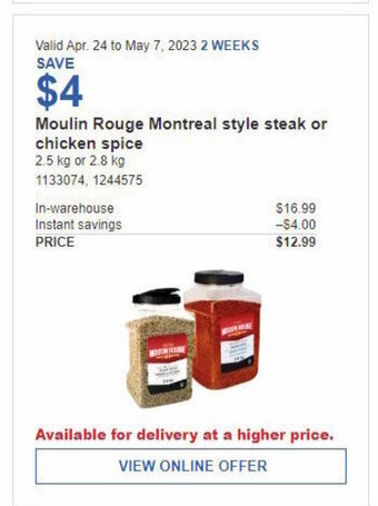 Costco Moulin rouge montreal style steak or chicken spice offer