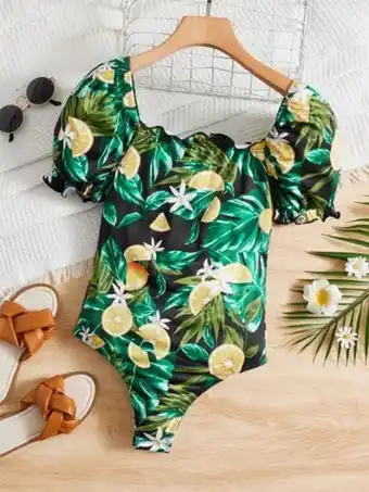 SheIn Shein teen girls tropical & lemon print puff sleeve lettuce trim bodysuit offer