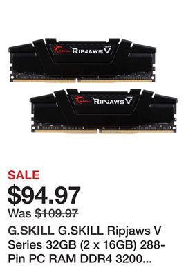 Newegg G.skill ripjaws v series 32gb (2 x 16gb) 288-pin pc ram ddr4 3200 (pc4 25600) desktop memory model f4-3200c16d-32gvk offer