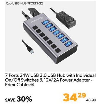 7 ports 24w usb 3.0 usb hub with individual on/off switches & 12v/2a power adapter - primecables
