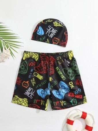 SheIn Toddler boys gamepad print swim shorts with cap offer