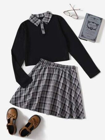 SheIn Shein teen girls contrast collar half placket tee & plaid print skirt offer