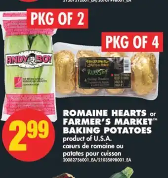 No Frills Romaine hearts, pkg of 2 or farmer's market baking potatoes, pkg of 4 offer