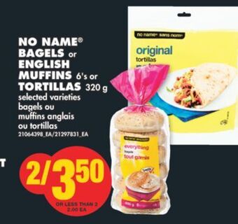 No Frills No name® bagels or english muffins 6's or tortillas 320 g offer