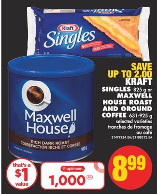 No Frills Kraft singles, 825 g or maxwell house roast and ground coffee, 631-925 g offer