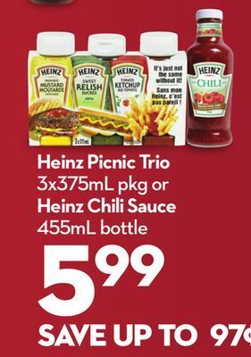 Longo's Heinz picnic trio 3x375ml pkg or heinz chili sauce 455ml bottle offer