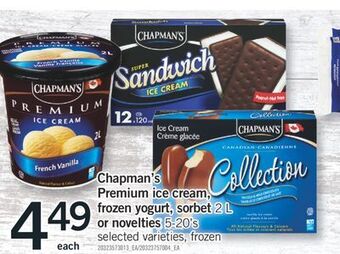 Fortinos Chapman's premium ice cream, frozen yogurt, sorbet, 2 l or novelties, 5-20's offer
