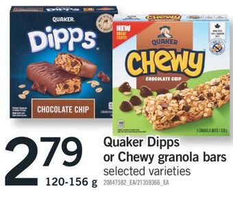 Fortinos Quaker dipps or chewy granola bars, 120-156 g offer