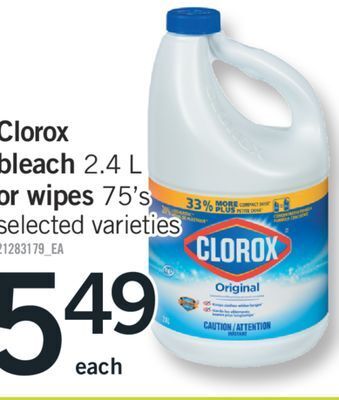 Fortinos Clorox bleach, 2.4 l or wipes 75's offer