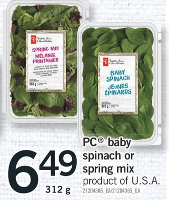 Fortinos Pc® baby spinach or spring mix, 312 g offer
