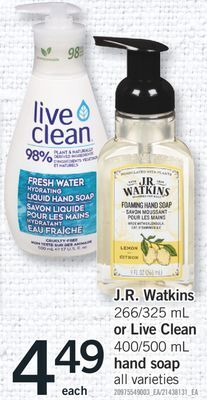Fortinos J.r. watkins 266/325 ml or live clean 400/500 ml hand soap offer