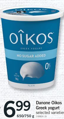 Fortinos Danone oikos greek yogurt, 650/750 g offer