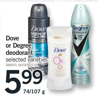Fortinos Dove or degree deodorant, 74/107 g offer