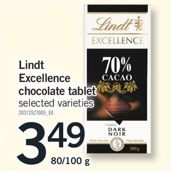 Fortinos Lindt excellence chocolate tablet, 80/100 g offer