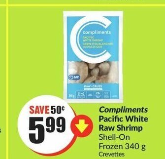 FreshCo Compliments Pacific White Raw Shrimp Shell-On Frozen 340 g offer