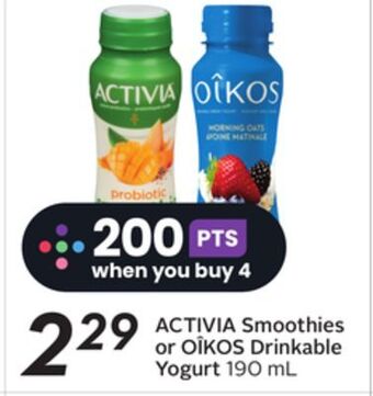 Sobeys Activia smoothies or oîkos drinkable yogurt offer