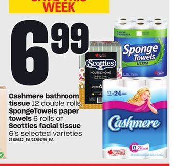 Loblaws Cashmere bathroom tissue 12 double rolls, spongetowels paper towels 6 rolls or scotties facial tissue 6's offer