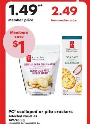 Loblaws Pc scalloped or pita crackers, 142-200 g offer