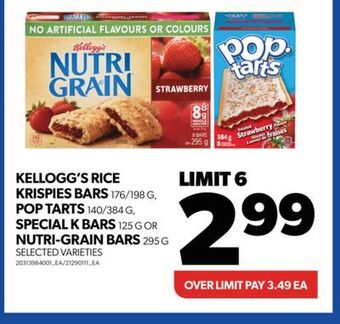 Real Canadian Superstore Kellogg's rice krispies bars, 176/198 g, pop tarts, 140/384 g, special k bars, 125 g or nutri-grain bars, 295 g offer