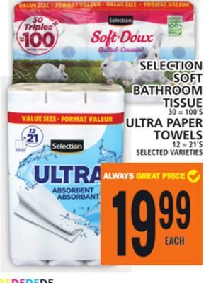 Food Basics Selection soft bathroom tissue or ultra paper towels offer