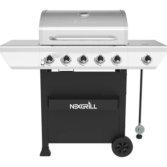 Home Depot 5-burner propane gas grill in stainless steel with side burner and condiment rack offer