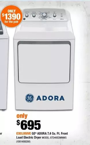 Home Depot Ge adora 7.4 cu. ft. front load electric dryer offer