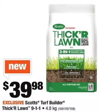 Home Depot Scotts turf builder thick'r lawn 9-1-1 offer