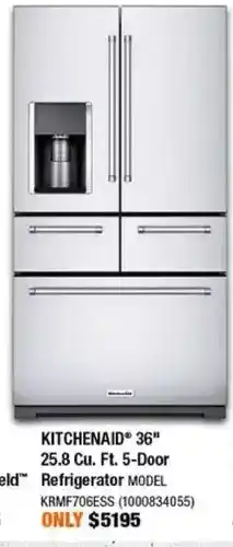 Home Depot Kitchenaid 36 25.8 cu. ft. 5-door refrigerator offer