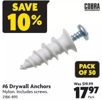 Home Hardware #6 drywall anchors offer