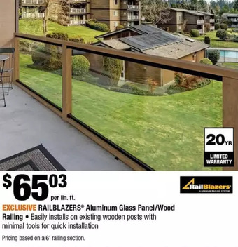Home Depot Railblazers aluminum glass panel/wood railing offer