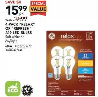 Lowe's Ge 4-pack relax or refresh a19 led bulbs 60-w offer