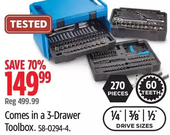 Canadian Tire Mastercraft general use socket sets 270 pieces comes in a 3-drawer toolbox offer
