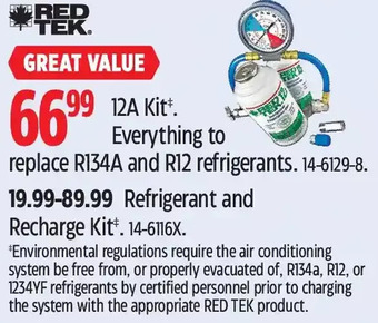 Canadian Tire Red tek 12a kit everything to replace r134a and r12 refrigerants | refrigerant and recharge kit offer