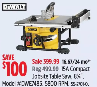 Canadian Tire Dewalt 15a compact jobsite table saw offer