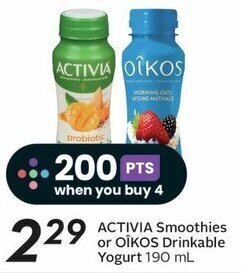 Sobeys ACTIVIA Smoothies or OIKOS Drinkable Yogurt 190 mL offer
