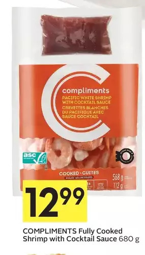 Foodland Compliments fully cooked shrimp with cocktail sauce offer