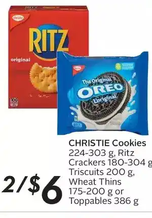 Sobeys Christie cookies, ritz crackers, triscuits, wheat thins or toppables offer