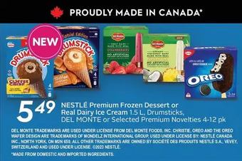 Sobeys Nestlé premium frozen dessert or real dairy ice cream, drumsticks, del monte or premium novelties offer