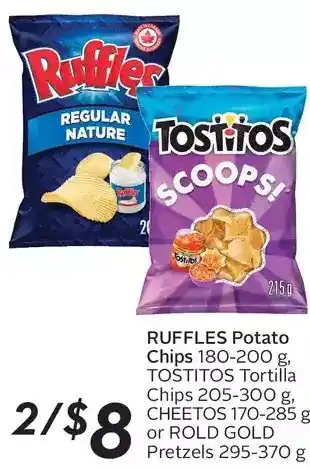 Sobeys Ruffles potato chips, tostitos tortilla chips, cheetos or rold gold pretzels offer