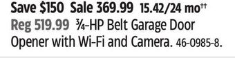 Canadian Tire Chamberlain 3⁄4-hp belt garage door opener with wi-fi and camera offer
