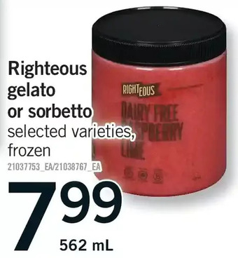 Fortinos Righteous gelato or sorbetto offer