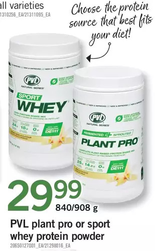 Fortinos Pvl plant pro or sport whey protein powder offer