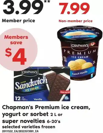 Loblaws Chapman's premium ice cream, yogurt or sorbet or super novelties offer
