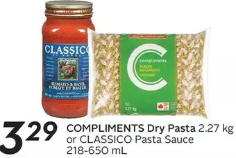 Sobeys Urban Fresh Compliments dry pasta or classico pasta sauce offer