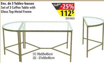 Sushi Shop Set of 3 coffee table with glass top metal frame offer