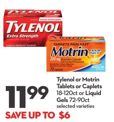 Longo's Tylenol or motrin tablets or caplets 18-120ct or liquid gels 72-90ct offer