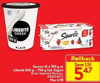 Walmart Source or liberté tub yogurt offer