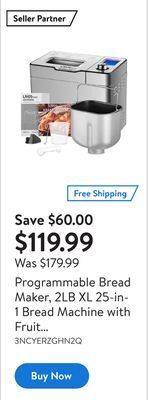 Walmart Programmable bread maker, 2lb xl 25-in-1 bread machine with fruit nut dispenser and 24 recipe books offer