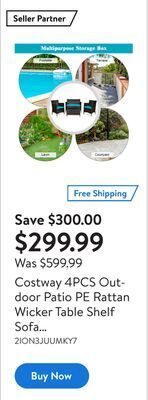 Walmart Costway 4pcs outdoor patio pe rattan wicker table shelf sofa furniture set with cushion offer