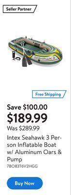 Walmart Intex seahawk 3 person inflatable boat w/ aluminum oars & pump offer